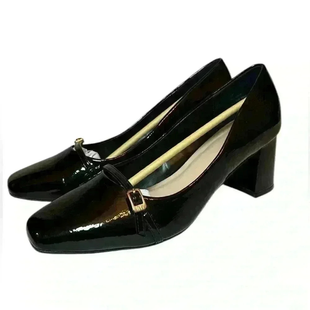 JONES NEW YORK Women Aubin Block Heel Dress Pumps In Black w Gold Buckle Size 10